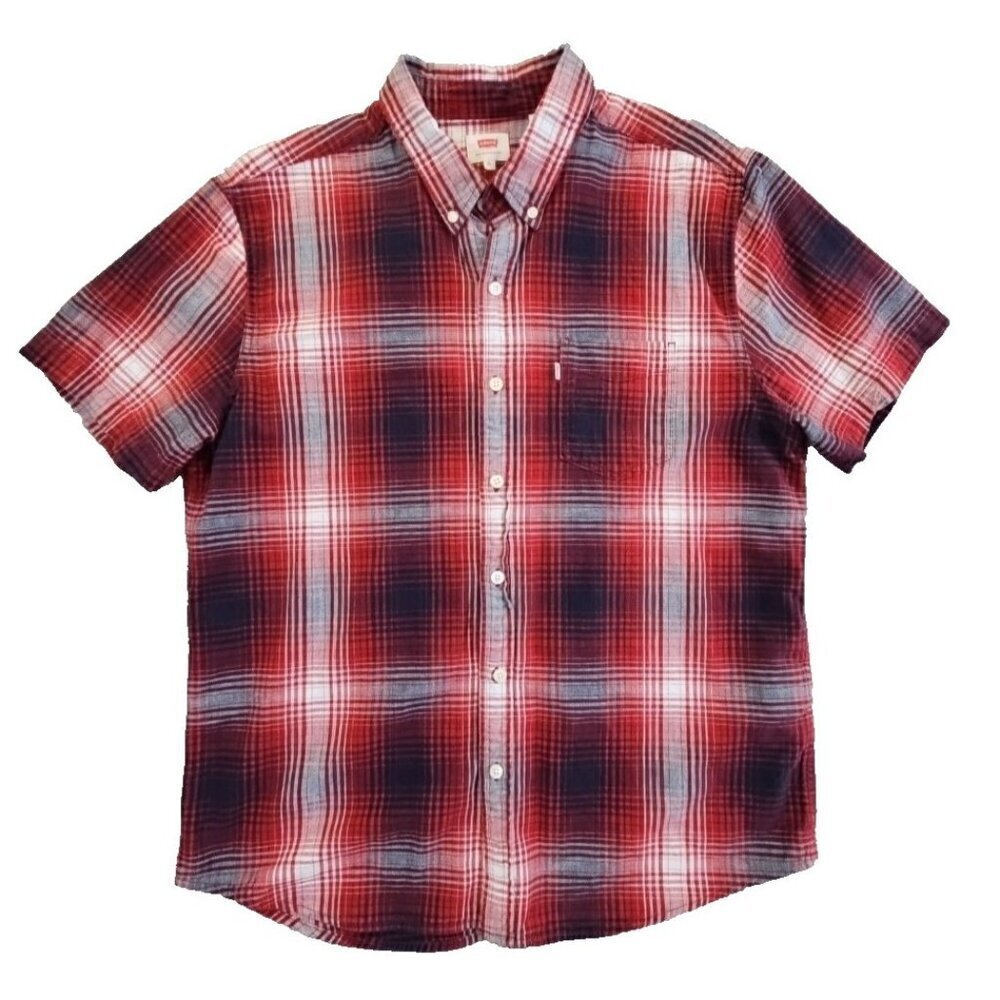 Levi's Shirt Men's XL Red Plaid Modern Fit Button Up Western Short Sleeve EUC‎